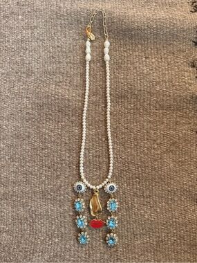 History Time Travel-  Pearl Necklace with Rhinestone Tear Drops & Red Lip Charms